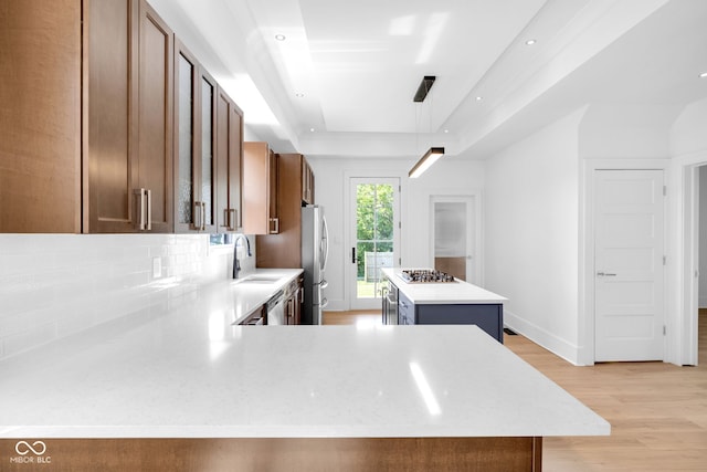 19 E Regent St, Indianapolis, IN 46225 - kitchen featuring a sink, light countertops, light wood-style floors, a raised ceiling, and appliances with stainless steel finishes