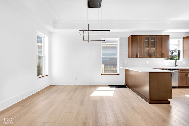 19 E Regent St, Indianapolis, IN 46225 - kitchen featuring light countertops, glass insert cabinets, light wood finished floors, a peninsula, and stainless steel dishwasher