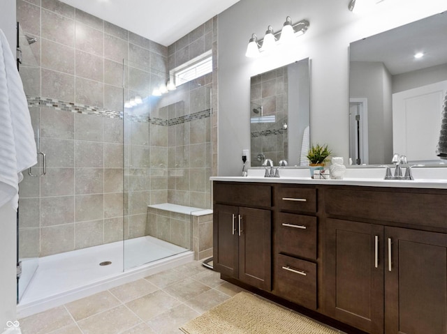 19657 Astoria Ave, Sheridan, IN 46069 - bathroom with a stall shower, double vanity, and tile patterned flooring