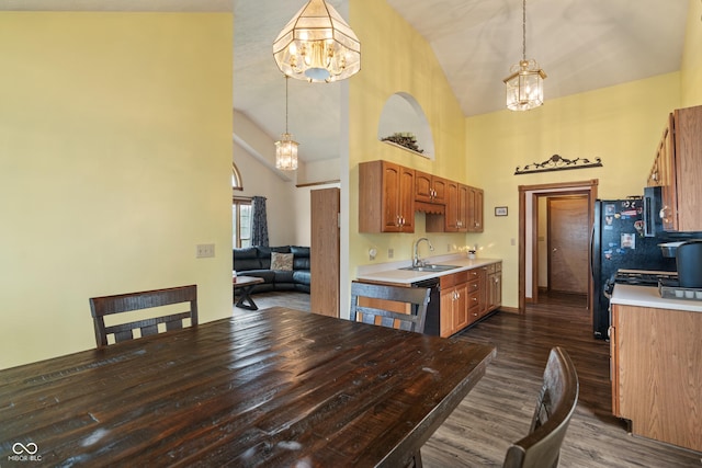 485 Mesa Dr, Russiaville, IN 46979 - dining space featuring a chandelier, dark wood finished floors, and high vaulted ceiling