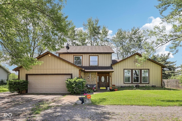 11733 E 21st St, Indianapolis, IN 46229 - view of front facade featuring an attached garage, dirt driveway, roof with shingles, and board and batten siding