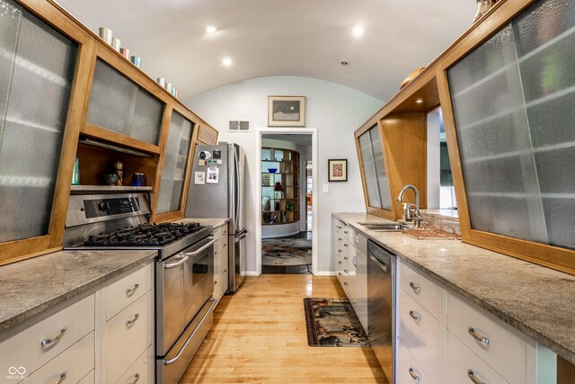 6220 Spring Mill Rd, Indianapolis, IN 46260 - kitchen featuring appliances with stainless steel finishes, a sink, light wood-style flooring, lofted ceiling, and light stone counters