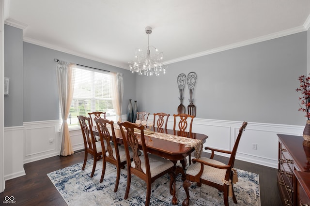 15580 Garrano Ln, Fishers, IN 46040 - dining room with a chandelier, dark wood-style floors, a wainscoted wall, and ornamental molding
