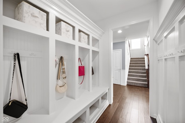 15580 Garrano Ln, Fishers, IN 46040 - mudroom with dark wood finished floors and recessed lighting