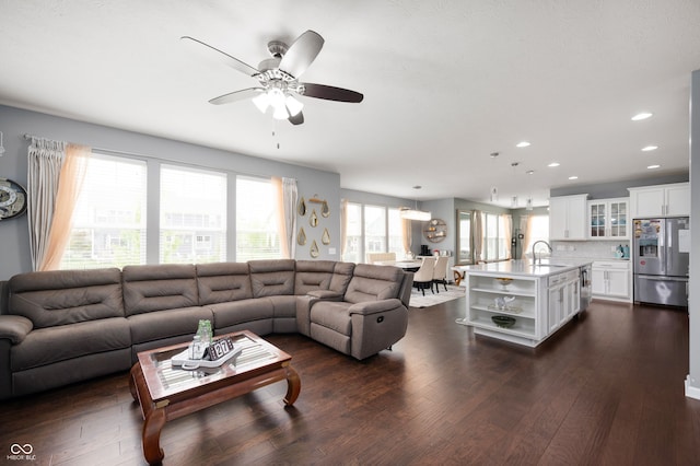 15580 Garrano Ln, Fishers, IN 46040 - living room with recessed lighting, ceiling fan, and dark wood-type flooring
