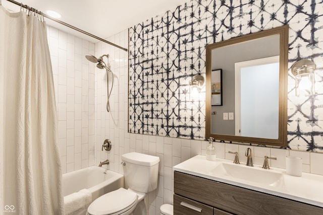 7110 N Layman Ave, Indianapolis, IN 46250 - full bathroom with toilet, vanity, shower / bath combination with curtain, and tile walls