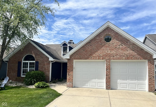 7838 Chesapeake Dr E, Indianapolis, IN 46236 - traditional home with driveway, a garage, brick siding, and a chimney