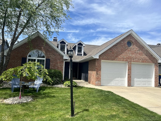 7838 Chesapeake Dr E, Indianapolis, IN 46236 - view of front of home with a garage, brick siding, driveway, a front yard, and a chimney