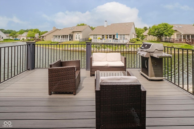 7838 Chesapeake Dr E, Indianapolis, IN 46236 - wooden terrace with a residential view, a water view, outdoor lounge area, and grilling area