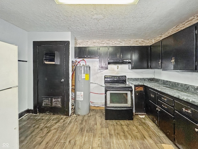 2006 N Olney St, Indianapolis, IN 46218 - kitchen featuring electric water heater, range with electric cooktop, light wood-style flooring, under cabinet range hood, and dark cabinets