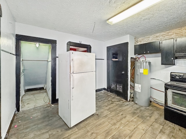 2006 N Olney St, Indianapolis, IN 46218 - kitchen featuring electric water heater, freestanding refrigerator, light wood-type flooring, black range with electric stovetop, and a textured ceiling