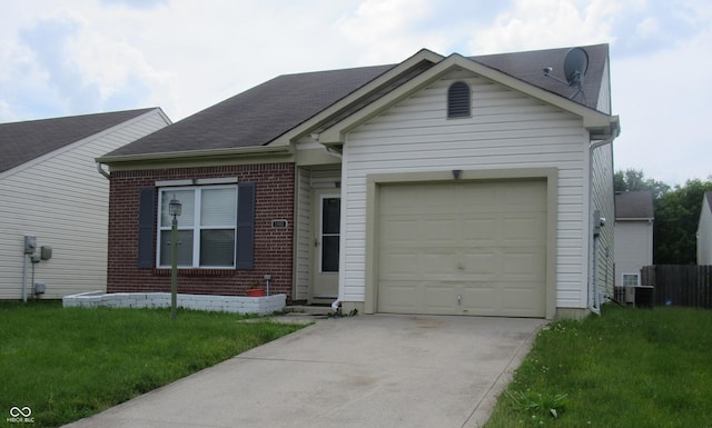 3908 Roundwood Dr, Indianapolis, IN 46235 - ranch-style home with brick siding, a garage, driveway, roof with shingles, and a front lawn