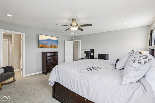220 Sawdust Trl, Greenfield, IN 46140 - bedroom with light carpet, ceiling fan, and recessed lighting