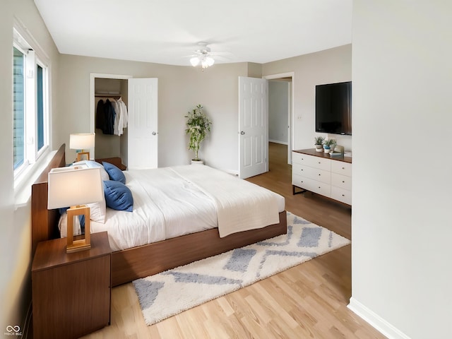 bedroom with wood finished floors, a spacious closet, baseboards, and a closet