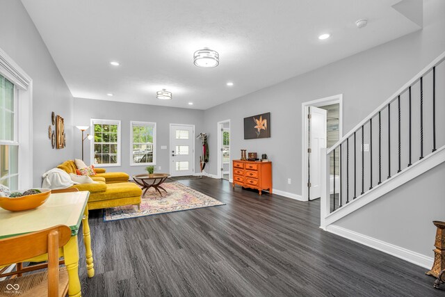 353 S Indiana St, Danville, IN 46122 - living area featuring dark wood-style floors, stairway, recessed lighting, and baseboards