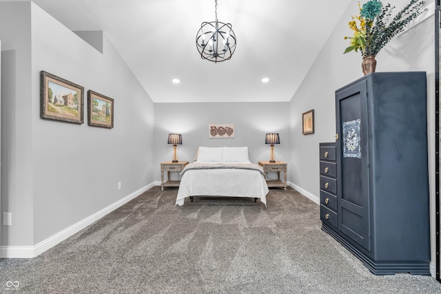 353 S Indiana St, Danville, IN 46122 - bedroom with vaulted ceiling, a chandelier, dark colored carpet, baseboards, and recessed lighting
