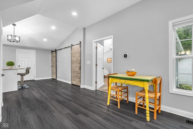 353 S Indiana St, Danville, IN 46122 - dining room with a barn door, dark wood finished floors, lofted ceiling, baseboards, and recessed lighting