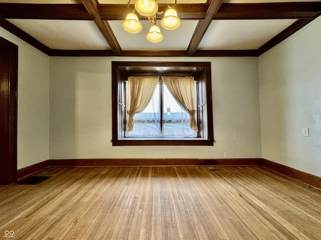 308 W Walnut St, Brownstown, IN 47220 - spare room featuring wood finished floors, coffered ceiling, baseboards, beam ceiling, and a chandelier