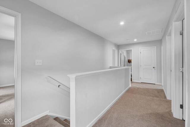 13887 N Hawkers Hill Dr, Camby, IN 46113 - hall featuring an upstairs landing, carpet, baseboards, and recessed lighting