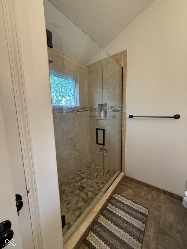 9535 Longwell Dr, Indianapolis, IN 46240 - full bathroom with a stall shower, vaulted ceiling, and baseboards