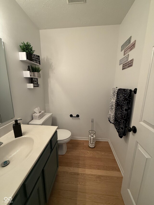 9535 Longwell Dr, Indianapolis, IN 46240 - bathroom featuring wood finished floors, vanity, toilet, a textured ceiling, and baseboards