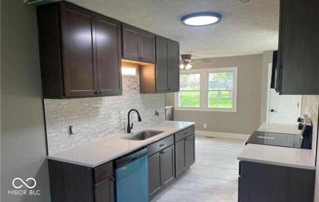 7731 Scarborough Blvd S, Indianapolis, IN 46256 - kitchen with dishwashing machine, a sink, tasteful backsplash, baseboards, and a ceiling fan