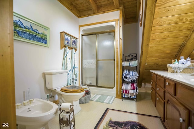 10484 N County Road 750 W, Freetown, IN 47235 - bathroom with wooden ceiling with exposed beams, a bidet, a shower stall, toilet, and vanity