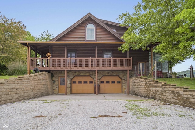 10484 N County Road 750 W, Freetown, IN 47235 - cabin with stone siding, gravel driveway, a garage, and log exterior