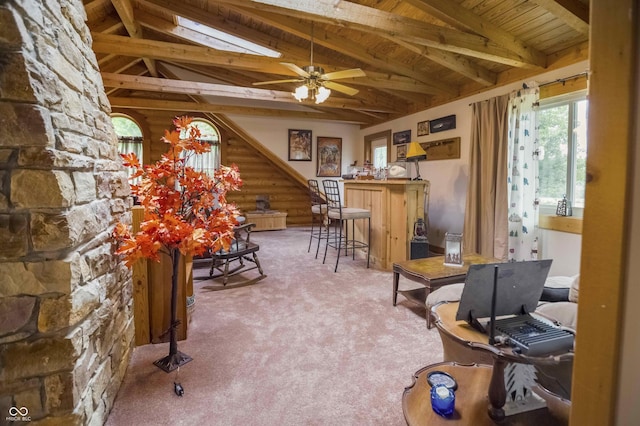 10484 N County Road 750 W, Freetown, IN 47235 - living area with carpet, a ceiling fan, and wood ceiling