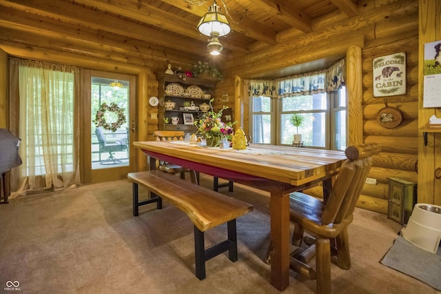 10484 N County Road 750 W, Freetown, IN 47235 - carpeted dining space with wood ceiling with exposed beams, healthy amount of natural light, and rustic walls