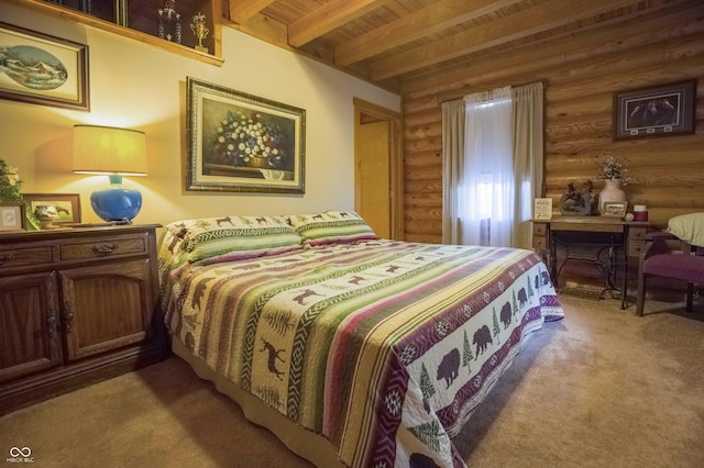 10484 N County Road 750 W, Freetown, IN 47235 - bedroom with carpet flooring, wooden ceiling with exposed beams, and log walls