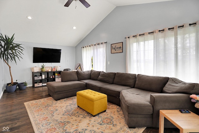 356 Daugherty St, Columbus, IN 47201 - living area with dark wood-style floors, a ceiling fan, recessed lighting, baseboards, and high vaulted ceiling