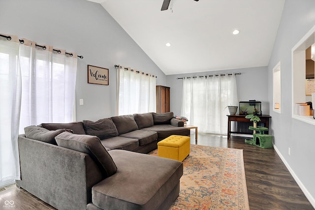 356 Daugherty St, Columbus, IN 47201 - living area featuring ceiling fan, high vaulted ceiling, dark wood finished floors, recessed lighting, and baseboards