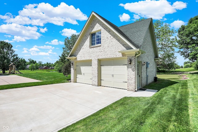 3398 Nottinghill Blvd, Plainfield, IN 46168 - view of side of home with driveway, a garage, brick siding, and a lawn