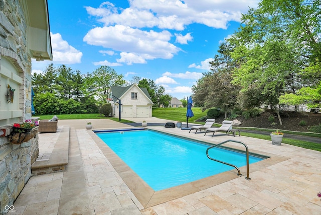 3398 Nottinghill Blvd, Plainfield, IN 46168 - swimming pool with a patio area, an outbuilding, and a lawn