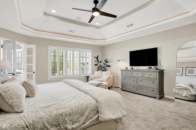 3398 Nottinghill Blvd, Plainfield, IN 46168 - bedroom featuring a tray ceiling, light colored carpet, ceiling fan, and recessed lighting