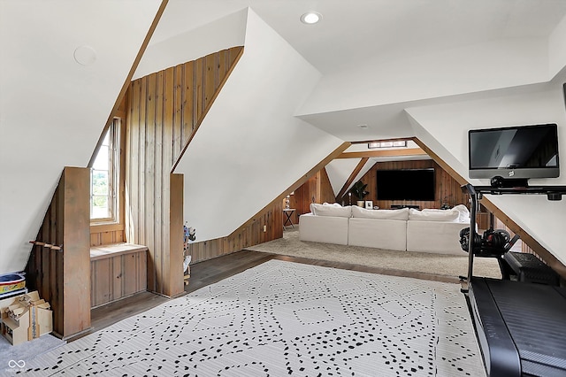 3398 Nottinghill Blvd, Plainfield, IN 46168 - living area featuring wooden walls, lofted ceiling, and wood finished floors