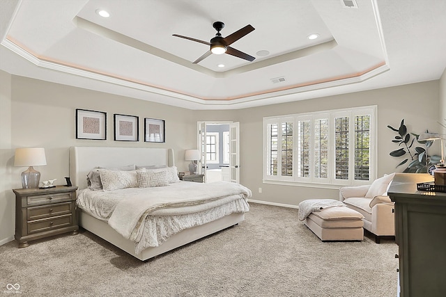 3398 Nottinghill Blvd, Plainfield, IN 46168 - bedroom featuring a raised ceiling, light carpet, baseboards, recessed lighting, and a ceiling fan
