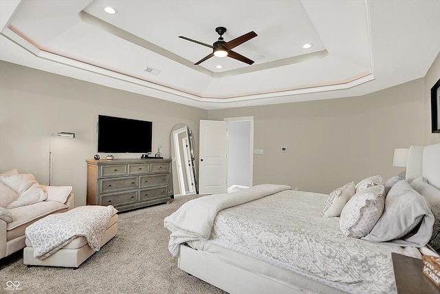 3398 Nottinghill Blvd, Plainfield, IN 46168 - bedroom with a tray ceiling, recessed lighting, light carpet, ceiling fan, and arched walkways