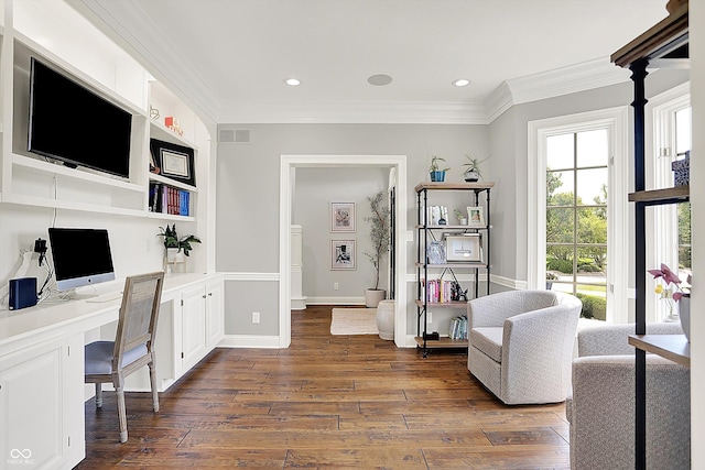 3398 Nottinghill Blvd, Plainfield, IN 46168 - office area featuring dark wood-style flooring, ornamental molding, built in desk, built in shelves, and recessed lighting