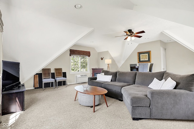 3398 Nottinghill Blvd, Plainfield, IN 46168 - living area featuring carpet flooring, vaulted ceiling, and ceiling fan