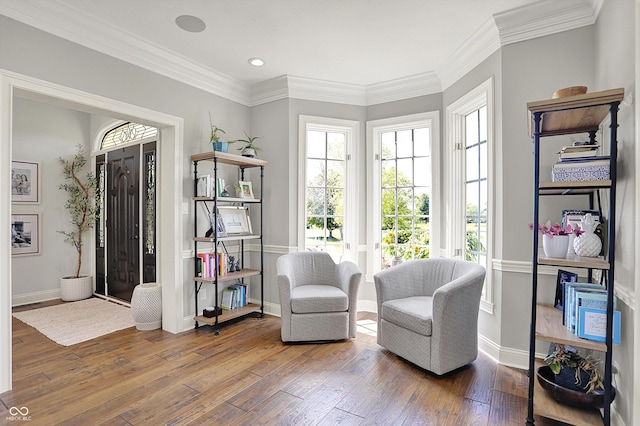 3398 Nottinghill Blvd, Plainfield, IN 46168 - living area with wood-type flooring, baseboards, recessed lighting, and ornamental molding