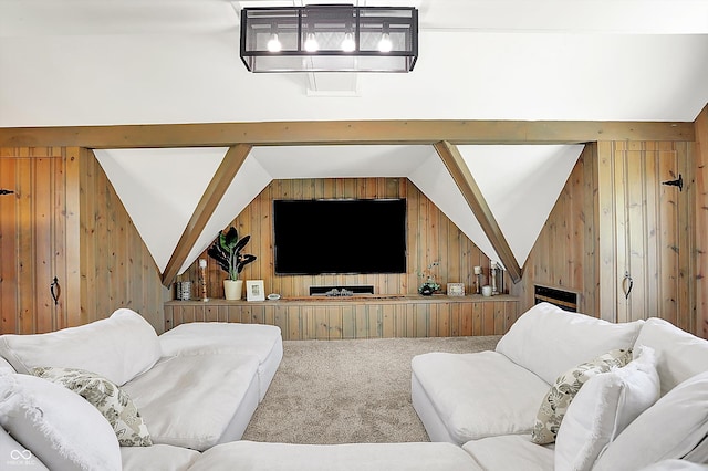 3398 Nottinghill Blvd, Plainfield, IN 46168 - living room featuring wood walls, carpet flooring, and vaulted ceiling