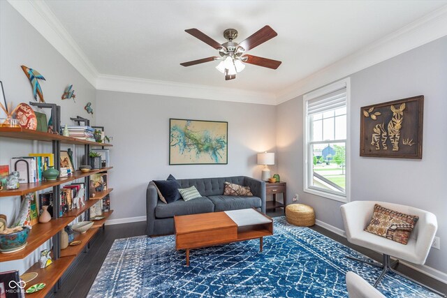 2436 Gwinnett St, Carmel, IN 46032 - living area with ceiling fan, crown molding, wood finished floors, and baseboards