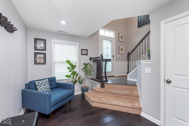 2436 Gwinnett St, Carmel, IN 46032 - stairs with hardwood / wood-style floors, recessed lighting, baseboards, and a wainscoted wall