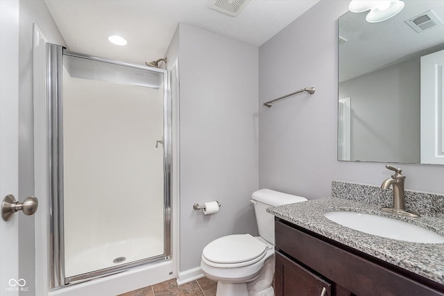 2436 Gwinnett St, Carmel, IN 46032 - bathroom featuring a shower stall, vanity, toilet, tile patterned floors, and baseboards