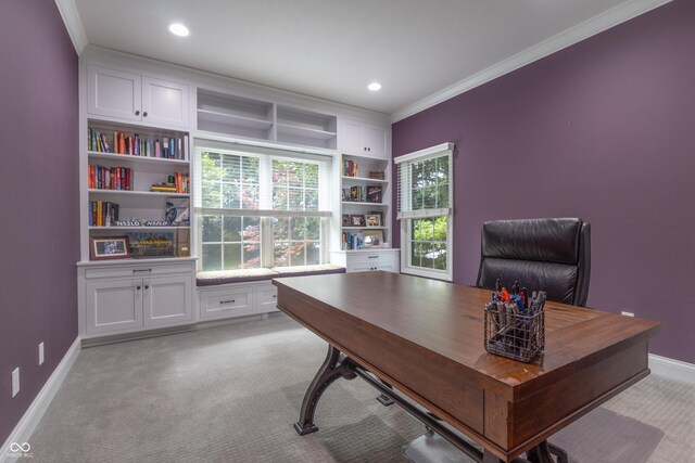876 Box Turtle Ct, Columbus, IN 47201 - home office featuring crown molding, baseboards, light carpet, recessed lighting, and built in shelves