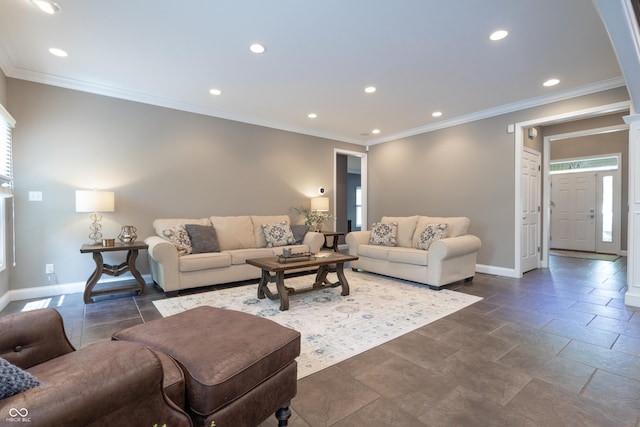 876 Box Turtle Ct, Columbus, IN 47201 - living room featuring recessed lighting, baseboards, ornamental molding, and dark stone finish floors