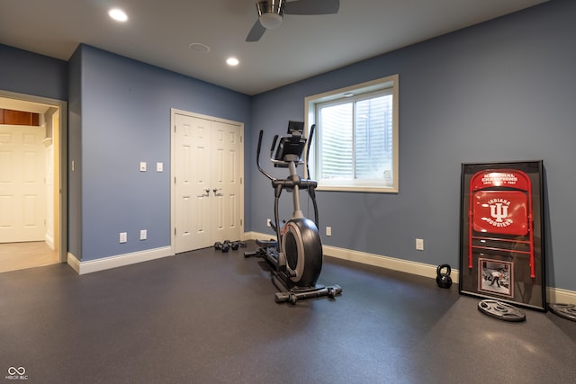 876 Box Turtle Ct, Columbus, IN 47201 - workout room featuring a ceiling fan, baseboards, and recessed lighting