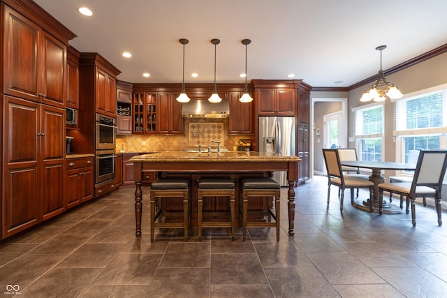 876 Box Turtle Ct, Columbus, IN 47201 - kitchen featuring stainless steel appliances, crown molding, backsplash, a chandelier, and glass insert cabinets